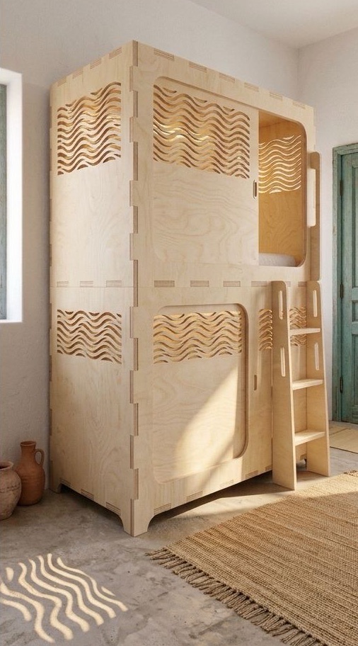Wooden pod bunk with wave-shaped cutouts and a sliding door